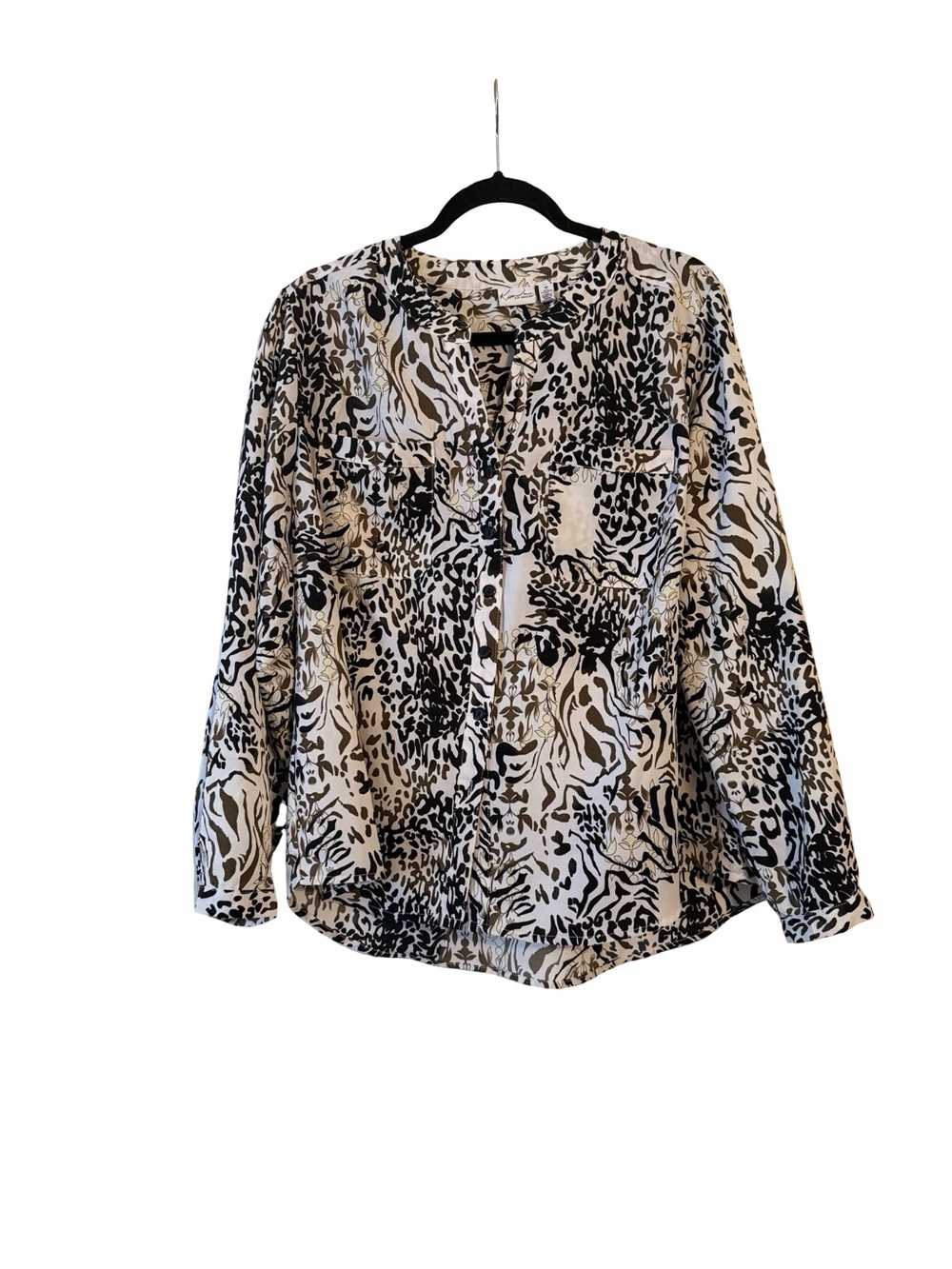 Kim Rogers Black & Tan Animal Print Button-Down Blouse
